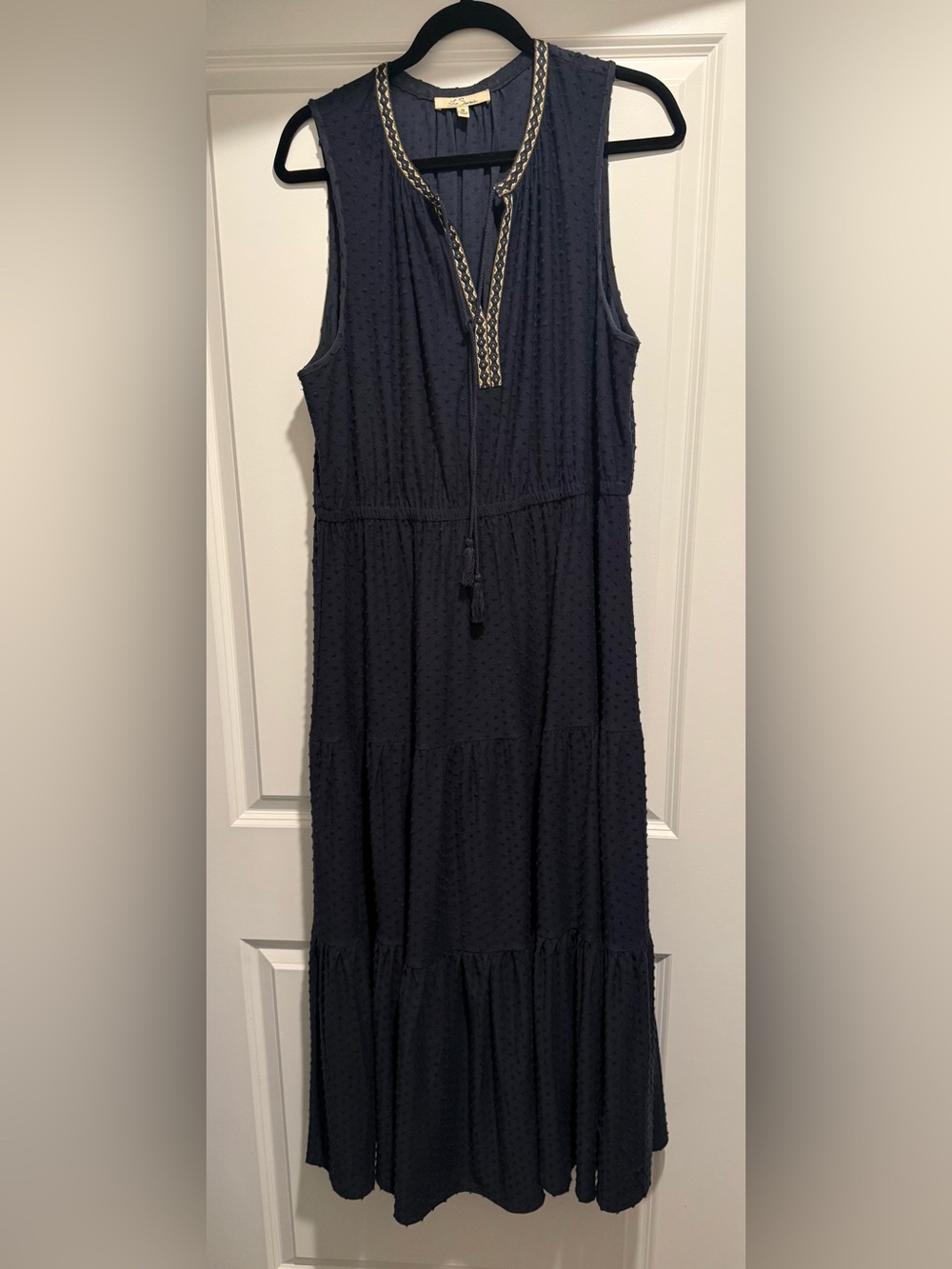 Les Serein Sleeveless Navy Tiered Maxi Dress with Embroidered V-Neck